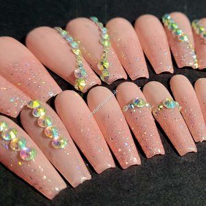 Nude Shimmer Rhinestones Long Ballerina Shaped Press on Nails